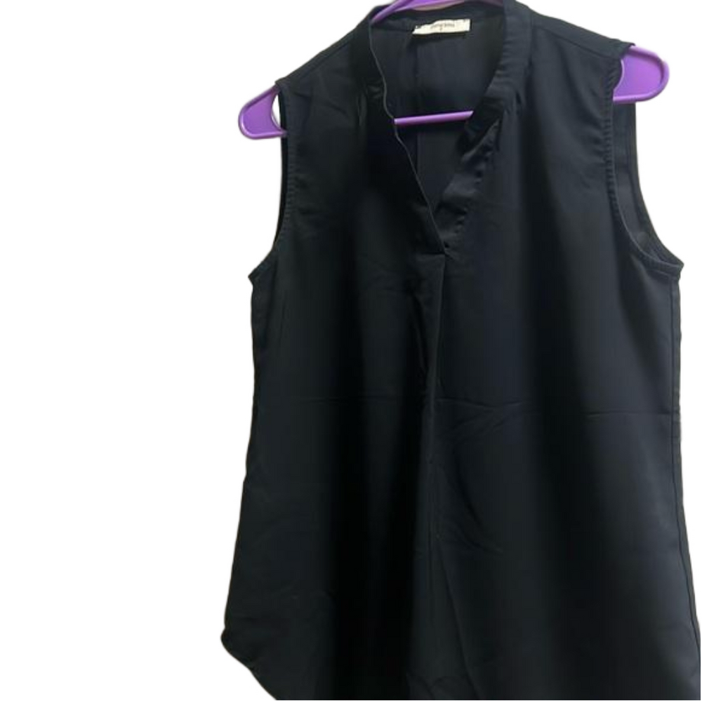 TIMESON Black sleeveless V neck dressy top. Size small. Great for work.